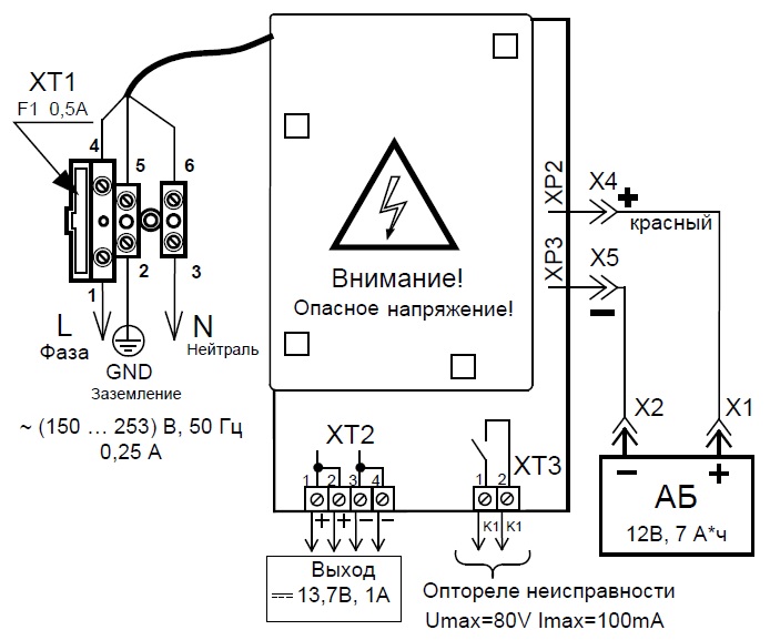 Схема подключения Болид РИП-12 исп.20 (РИП-12-1/7М2-Р)